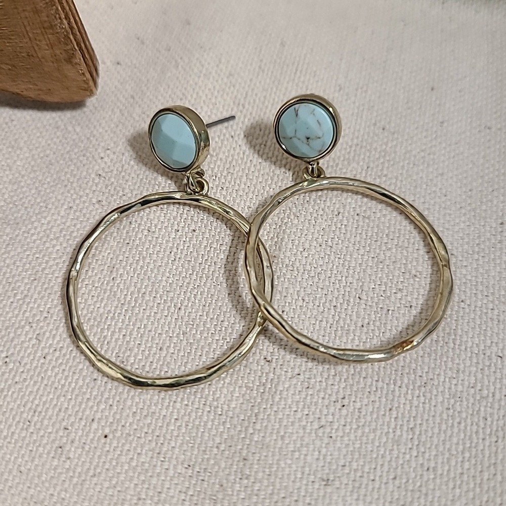 Turquoise Stone Earrings‎ Gold Tone Hoop Dangle Earrings Women's Jewelry